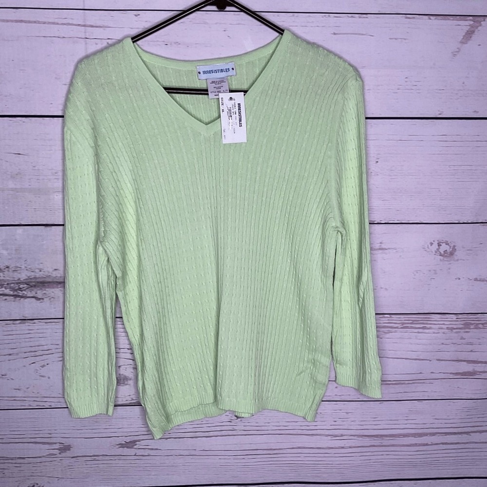 NWT IRRESISTIBLES Lime Green Cable Knit V-Neck Sweater Women XL Canada Cotton